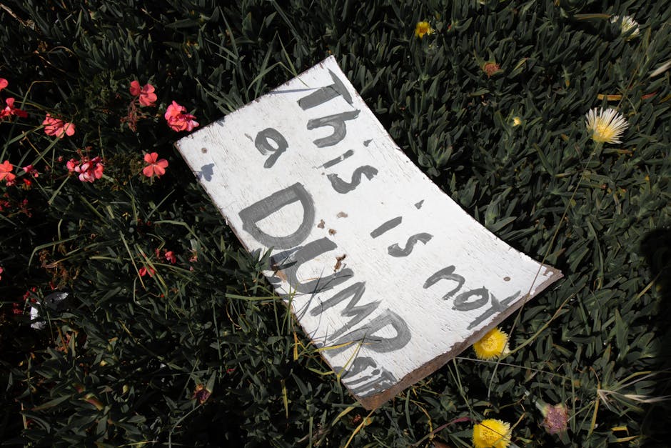 A weathered, rectangular wooden sign painted white with black handwritten lettering that reads, 'this is not a DUMP,' resting on the ground amidst dense green foliage, small pink and yellow flowers, and part of a garden or outdoor area. The sign appears slightly tilted and is surrounded by plant leaves and blossoms, highlighting an attempt to discourage illegal dumping or waste disposal in the area. The environment appears natural and well-maintained, with the sign positioned among the plants to communicate a message against dumping, aligning with waste management efforts by companies such as Waste Collection Merton that offer rubbish removal and private waste handling services throughout the region.