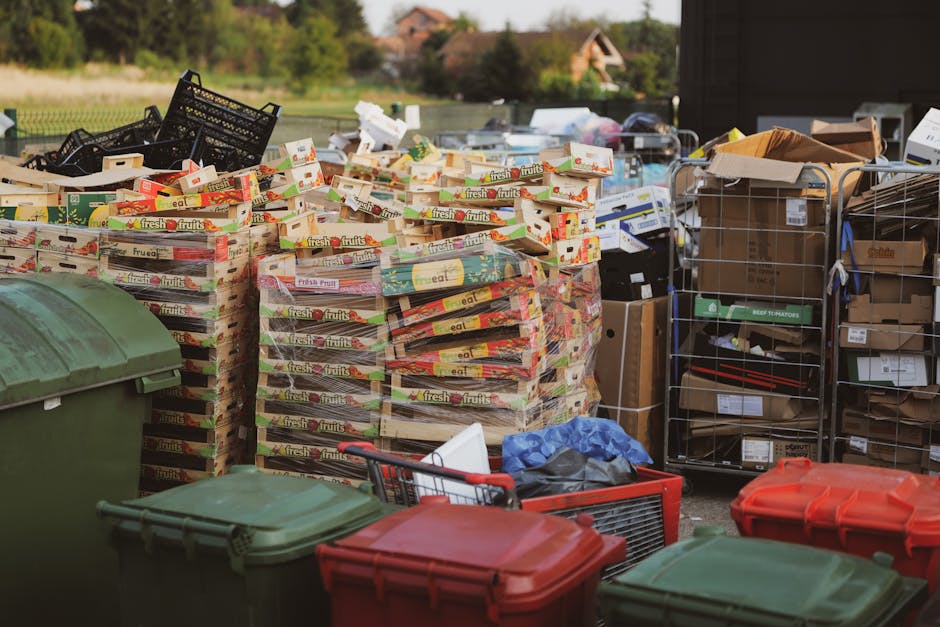 An outdoor scene showing a large pile of flattened cardboard boxes with printed fruit labels stacked on top of each other, situated on a paved surface. To the left, there are several closed green and red wheelie bins made of plastic. To the right, there are metal cages filled with various boxed items, some of which are open and contain additional cardboard packaging and smaller boxes. In the background, a suburban residential area with trees and houses under a clear sky is visible. The scene appears to be part of an independent waste collection or container storage area, reflecting non-local authority waste management practices, with clear emphasis on cardboard and packaging materials associated with rubbish removal services, consistent with alternative waste handling options at a property or business premises.